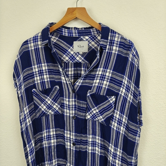 Rails Britt Midnight Cobalt Blue Plaid Rolled Short Sleeve Button Up Shirt LG - Picture 4 of 10